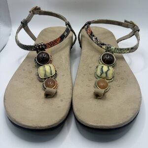 Vionic Beige T‑Strap Sandals with Multicolor Snake‑Print Straps and Gem Accents